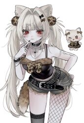  1girl :3 absurdres animal_ears animal_print bare_shoulders belt black_belt black_bow black_choker black_nails black_pantyhose black_shirt black_thighhighs blonde_hair blush bow bracelet breasts brown_bow brown_fur brown_shorts cat_ears cat_girl cat_tail chain chain_bracelet chain_necklace choker cleavage closed_mouth cowboy_shot cropped_shirt cross cross_earrings cross_necklace dot_nose earrings finger_to_mouth fishnet_pantyhose fishnets fur-trimmed_shirt fur_trim hair_bow hair_ornament hairpin hand_on_own_hip highres jewelry lace lace-trimmed_thighhighs lace_trim leopard_print long_hair looking_at_viewer lulu_(oysi_mysi) medium_breasts midriff multiple_hair_bows multiple_rings navel necklace original oysi_mysi pantyhose pearl_bracelet pom_pom_(clothes) red_eyes ring shirt shorts sidelocks simple_background single_leg_pantyhose single_thighhigh slit_pupils solo_focus stud_earrings tail thighhighs torn_clothes torn_shorts twintails twitter_username very_long_hair white_background 