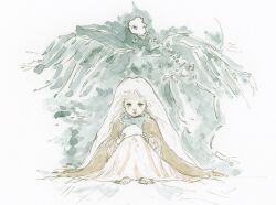  1girl cape egg girl_(tenshi_no_tamago) kishi_takuya long_hair long_sleeves looking_at_viewer painting_(medium) pale_skin sitting solo tenshi_no_tamago_(anime) traditional_media very_long_hair watercolor_(medium) white_hair 