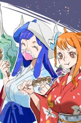  2girls blue_hair blue_kimono breasts brown_eyes closed_eyes closed_mouth commentary eating floral_print floral_print_kimono food hair_ornament hat holding holding_food horns japanese_clothes kimono large_breasts long_hair mask mouth_mask multiple_girls nami_(one_piece) obi one_piece orange_hair print_kimono raine_(acke2445) red_kimono sash single_sidelock symbol-only_commentary takoyaki ulti_(one_piece) upper_body 