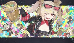  1boy 5girls ^_^ animal_ears bangboo_(zenless_zone_zero) black_helmet black_horns black_jacket black_mask black_shirt black_shorts black_skirt black_thighhighs black_tube_top blonde_hair blue_shorts boar breasts burnice_white caesar_king_(zenless_zone_zero) cat_ears cat_girl cat_tail cleavage closed_eyes combat_helmet crop_top cup eyewear_on_head fingerless_gloves furry furry_female gloves green_hair helmet highres holding holding_cup horns jacket large_breasts long_hair luciana_de_montefio lucy&#039;s_crew_(zenless_zone_zero) mask mask_around_neck micro_shorts multiple_girls one_eye_closed orange_eyes pickelhaube piper_wheel pulchra_fellini red-tinted_eyewear sanshoku_dango_(shukosuko) serval shirt short_hair shorts skirt smile spiked_jacket strapless tail temporal_hairline thighhighs tinted_eyewear tube_top twintails yellow_fur zenless_zone_zero 
