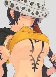 1girl black_hair black_nails breasts canon_genderswap chest_tattoo clothes_lift earrings female_focus genderswap genderswap_(mtf) goa_89 grin hat highres hood hoodie jewelry katana large_breasts looking_at_viewer mouth_hold nail_polish no_bra one_piece shaded_face shirt_lift short_hair smile solo sword tattoo tomboy trafalgar_law trafalgar_law_(female) underboob upper_body weapon yellow_eyes rating:Questionable score:37 user:Sukugumi1