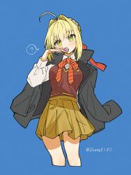  1girl ? ahoge alternate_costume blonde_hair braid braided_bun breasts candy contemporary fate/extra fate/grand_order fate_(series) food green_eyes hair_bun hair_intakes highres jacket large_breasts lollipop long_sleeves looking_at_viewer nero_claudius_(fate) nero_claudius_(fate/extra) open_clothes open_jacket shirt single_hair_bun skirt solo sweater zhang5180 