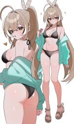  1girl :o ? absurdres ahoge alternate_costume aqua_cardigan arm_at_side ass bikini black_bikini black_hair blush braid braided_bangs breasts brown_hair brown_shoes cardigan cleavage collarbone commentary double-parted_bangs english_commentary film_grain from_behind full_body hair_between_eyes hair_intakes hana20000920 hand_up heart highres hololive hololive_english huge_ahoge large_breasts long_bangs long_hair looking_at_viewer multicolored_hair multiple_views nanashi_mumei navel open_cardigan open_clothes orange_eyes parted_lips sandals shiny_skin shoes standing stomach streaked_hair swimsuit turning_head very_long_hair virtual_youtuber white_hair 