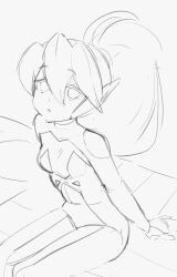  1girl absurdres alternate_costume biometal bodystocking breasts ciel_(mega_man) commission commissioner_upload covered_navel eyelashes fauron714 highres leaning_back light_blush light_smile long_bangs long_hair looking_at_viewer mechanical_ears mega_man_(series) mega_man_zero_(series) mega_man_zx model_z_(mega_man) monochrome no_armor no_headwear non-web_source petite ponytail sitting sketch small_breasts solo thighs transparent_background 