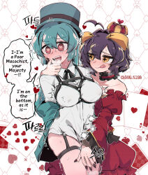  +_+ 2girls ahoge an_sin black_hair blush breast_bondage breasts card choker commentary crown dress drooling english_text forward-facing_horns grabbing_from_behind hand_on_another&#039;s_chin hand_on_another&#039;s_crotch hat heart heart-shaped_pupils highres hiiragi_utena horns large_breasts licking_lips long_hair looking_at_another magia_azure magia_baiser mahou_shoujo_ni_akogarete minakami_sayo mouth_drool multiple_girls no_pants official_alternate_costume open_mouth playing_card red_dress red_eyes ribbon sexually_suggestive shirt smile symbol-shaped_pupils tongue tongue_out top_hat white_shirt yellow_eyes yuri 
