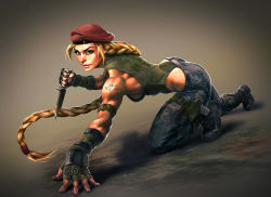 arman_akopian beret blonde_hair blue_eyes boots braid breasts cammy_white camouflage capcom fingerless_gloves gloves hat highres holster knife leotard lips long_hair pants sideboob street_fighter tattoo thong_leotard very_long_hair rating:Sensitive score:14 user:danbooru