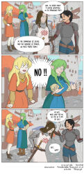  2boys 2girls 3koma absurdres armor belt black_hair blonde_hair blue_dress blue_eyes breastplate breasts brown_eyes brown_hair chainmail city comic commission commissioner_upload dress elf euphemy_sylvaine eye_symbol flat_chest glasses green_dress green_eyes green_hair highres ladislaus_dominus large_breasts laughing long_hair lotte_farona medieval multiple_boys multiple_girls official_art orange_dress pointy_ears short_hair shouting soapwyrt speech_bubble stephanus_tavilrond sun_symbol tunic ways_of_darkness_(series) white_tunic 