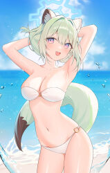  1girl :d absurdres animal_ears aqua_hair armpits arms_behind_head beach bikini blue_archive blue_halo blush breasts cleavage cowboy_shot gradient_eyes halo highres looking_at_viewer medium_breasts multicolored_eyes navel o-ring o-ring_bikini o-ring_bottom o-ring_top ocean open_mouth ponytail purple_eyes shigure_(blue_archive) short_hair short_ponytail sky smile solo stomach swimsuit tail water weasel_ears weasel_girl weasel_tail white_bikini yagen_(user_mxur3238) 