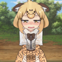 1girl animal_ears animal_print blush bow bowtie bra breasts brown_bow brown_bowtie cloud fur-trimmed_shirt fur_trim gloves grass highres hot jaguar_(kemono_friends) jaguar_ears jaguar_girl kemono_friends leopard_print looking_at_viewer medium_breasts open_mouth orange_bra orange_eyes orange_gloves orange_hair orange_panties orange_skirt panties print_bra print_gloves print_panties print_skirt see-through_clothes see-through_shirt see-through_skirt shirt short_hair short_sleeves sitting skirt sky sweat t_jiroo_(ringofriend) tree underwear wet wet_clothes wet_shirt wet_skirt white_shirt