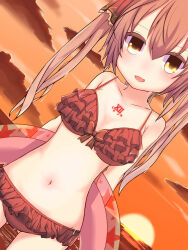  bikini body_markings bow brown_hair emil_chronicle_online frilled_bikini frills hair_bow innertube long_hair navel ocean open_mouth red_bikini senkyoku_niban stella_lore sunset swim_ring swimsuit twintails yellow_eyes 