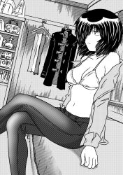  angelsbestrace bad_cat bed bedroom black_hair bra clothes_hanger coat crossed_legs hair_over_one_eye highres metronome navel nazo_no_kanojo_x open_clothes open_shirt sitting underwear urabe_mikoto  rating:Sensitive score:15 user:Unonymous