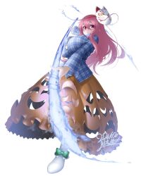  1girl blue_bow blue_bowtie blue_shirt bow bowtie breast_press breasts bright_pupils bubble_skirt commission dated expressionless footwear_bow fox_mask full_body hair_between_eyes hata_no_kokoro holding holding_weapon hopeless_masquerade huge_breasts long_hair long_skirt long_sleeves looking_at_viewer mask mask_on_head naginata orange_skirt pink_eyes pink_hair plaid_clothes plaid_shirt polearm shirt signature simple_background skeb_commission skirt socks solo string touhou weapon white_background white_footwear white_pupils white_socks yoshida_hideyuki 