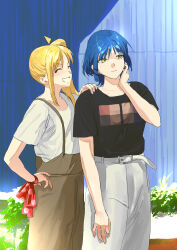  2girls absurdres ahoge belt black_shirt blonde_hair blue_hair bocchi_the_rock! brown_pants closed_eyes commentary detached_ahoge earrings hair_ornament hairclip hand_on_another&#039;s_shoulder hand_on_own_hip highres ijichi_nijika jewelry long_hair multiple_girls open_mouth pants rainbow_hose shirt short_hair side_ponytail stud_earrings suspender_pants white_belt white_pants yamada_ryo yellow_eyes 