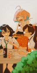  #unicus_(idolmaster) 24takokai10 3girls ^_^ ahoge black_hair blush bob_cut brown_hair can chocolate closed_eyes commentary_request drawing_(object) food green_necktie hair_ornament hair_scrunchie highres holding holding_chocolate holding_food holding_pen idolmaster idolmaster_cinderella_girls long_hair mole mole_under_eye multiple_girls necktie pen pink_hair ponytail red_necktie ringorou_(idolmaster) school_uniform scrunchie shark_hair_ornament sharp_teeth shirt sitting smile sunazuka_akira sweatdrop tears teeth tsujino_akari twintails white_shirt yumemi_riamu 
