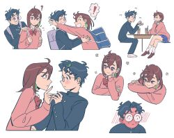  ! 1boy 1girl ? absurdres ayase_momo backpack bag black_jacket black_pants blue_skirt blush bow bowtie brown_eyes brown_hair brown_shoes canapeeeee closed_eyes closed_mouth collared_shirt couple crossed_arms crossed_bangs crossed_legs dandadan earrings elbow_rest from_side full-face_blush full_body gakuran glasses hair_between_eyes hands_on_another&#039;s_shoulders hashtag-only_commentary head_rest highres imminent_hug jacket jewelry kami_high_school_uniform long_sleeves looking_at_another miniskirt multiple_views outstretched_arms pants pink_sweater pleated_skirt profile red_bow red_bowtie round_eyewear school_uniform shirt shoes short_hair simple_background sitting skirt smile socks spoken_exclamation_mark sweater table takakura_ken_(dandadan) upper_body white_background white_shirt white_socks 