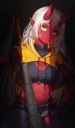 1girl abs absurdres akumi_(yoclesh) black_gloves breasts cleavage closed_mouth club club_(weapon) commentary ear_piercing earrings facial_scar fingerless_gloves gloves highres holding holding_weapon hoop_earrings horns indie_virtual_youtuber jewelry kanabou looking_at_viewer medium_breasts midriff numanoan oni oni_horns piercing pointy_ears red_horns red_skirt scar scar_on_cheek scar_on_face scar_on_stomach sitting skirt solo virtual_youtuber weapon white_hair yellow_eyes rating:Sensitive score:61 user:danbooru