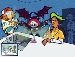 1girl 3boys arm_on_table backwards_hat baseball_cap beaker black_gloves blonde_hair brown_eyes brown_hair can_pull_tab chemical_structure chemicals chemistry colored_bangs crazy_grin damien_(total_drama) dark-skinned_male dark_skin dress drinking drinking_straw drinking_straw_in_mouth ear_piercing earrings elbow_gloves entrance erlenmeyer_flask evil_grin evil_smile facial_hair flask funnel_(tool) gloves goatee_stubble goggles gothic_lolita green_eyes green_hat grin half-closed_eyes hat highres hockey_sweater holding holding_beaker holding_flask holding_test_tube jacket jewelry laboratory layered_sleeves lolita_fashion long_hair long_sleeves looking_down looking_up low_ponytail monochrome multicolored_hair multiple_boys mustache necklace newsboy_cap open_clothes open_jacket piercing pink_hair ponytail pouring puffy_dress purple_hair raised_eyebrows red_hat reference_inset safety_glasses scary_girl_(total_drama) shirt short_hair short_over_long_sleeves short_sleeves sink smell smelling smile staring streaked_hair stubble table teeth test_tube thick_eyebrows tile_wall tiles tooblindtizzy total_drama twintails two-tone_hair wayne_(total_drama) white_hat white_shirt wide-eyed yellow_shirt zee_(total_drama)