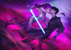  1boy 1girl black_hair boots braid braided_ponytail closed_eyes commentary fingernails full_body highres holding holding_sword holding_weapon jinu_(kpop_demon_hunters) kiss kpop_demon_hunters long_fingernails palson purple_hair rumi_(kpop_demon_hunters) short_hair shorts sword turtleneck weapon white_shorts 