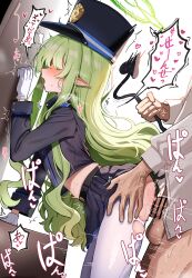  1boy 1girl absurdres bar_censor black_skirt blue_archive blush censored commentary_request demon_tail gloves green_hair green_halo halo highres hikari_(blue_archive) loli long_hair long_sleeves motion_lines open_mouth pantyhose penis pointy_ears sak_(lemondisk) saliva sex sex_from_behind skirt tail tail_grab testicles torn_clothes torn_pantyhose white_gloves white_pantyhose  rating:Explicit score:81 user:danbooru