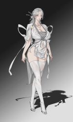 1girl breasts chinese_clothes cleavage collarbone dress facial_mark forehead_mark full_body gradient_background grey_background grey_eyes grey_footwear grey_hair hair_ornament high_heels highres jewelry large_breasts long_hair looking_at_viewer navel necklace original parted_lips shadow shan3143311380 solo standing thighhighs white_hair white_thighhighs