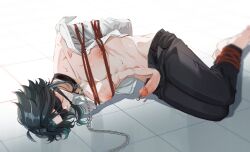  1boy aqua_hair bdsm black_hair black_pants blindfold bondage bound chain collar genshin_impact highres lji_321 male_focus multicolored_hair navel nipples open_clothes open_shirt pants penis penis_piercing piercing shibari short_hair solo stomach uncensored xiao_(genshin_impact) 