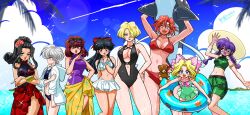  6+girls armlet artist_name beach bikini black_bikini black_hair black_one-piece_swimsuit blonde_hair bow braid breasts center_opening cleavage clothing_cutout cloud cloudy_sky crop_top crossed_arms cumulonimbus_cloud dark-skinned_female dark_skin day earrings eyewear_on_head flower glasses green_one-piece_swimsuit green_shorts green_tank_top hair_bow hair_flower hair_ornament hair_over_one_eye halterneck hand_on_own_hip hat headband hibiscus high_ponytail highres holding holding_swim_ring hood hoodie hoop_earrings inflatable_shark inflatable_toy innertube iris_chateaubriand jewelry kanzaki_sumire kirishima_kanna long_hair looking_at_viewer looking_to_the_side maria_tachibana multi-strapped_bikini_bottom multiple_girls navel ocean one-piece_swimsuit one_eye_closed open_mouth outdoors palm_tree pink_bow ponytail purple_hair purple_one-piece_swimsuit red_bikini red_bow red_hair red_sarong reni_milchstrasse ri_kouran round_eyewear sakura_taisen sarong shinguuji_sakura short_hair shorts side_cutout sidelocks signature sky smile soletta_orihime standing stuffed_animal stuffed_toy sun_hat sunglasses swim_ring swimsuit swimsuit_under_clothes tank_top teddy_bear tree twin_braids wanta_(futoshi) white_bikini white_hair white_headband white_hoodie yellow_sarong 