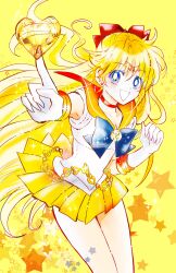 1girl aino_minako bishoujo_senshi_sailor_moon blonde_hair blue_bow blue_bowtie blue_eyes bow bowtie breasts choker circle_hair_ornament cleavage collarbone earrings floating_hair gloves grin hair_between_eyes hair_bow highres index_finger_raised jewelry long_hair looking_at_viewer miniskirt orange_sailor_collar outstretched_arm pleated_skirt red_bow red_choker sailor_collar sailor_collar_lift sailor_senshi_uniform sailor_shirt sailor_venus shirt skirt small_breasts smile solo standing usadapan1005 very_long_hair white_gloves white_shirt yellow_background yellow_skirt 