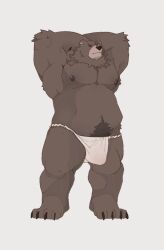 1boy animal_ears armpits arms_behind_head bara barefoot bear_boy bear_ears belly ben_bigger biceps brown_fur bulge claws closed_mouth fat fat_man fundoshi furry furry_male highres japanese_clothes looking_at_viewer male_focus muscular muscular_male navel navel_hair nipples pectorals scar scar_across_eye scar_on_face topless_male tusskor zenless_zone_zero