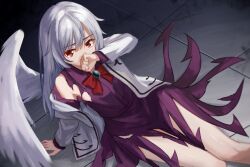  1girl alternate_hair_length alternate_hairstyle bow bowtie brooch chinese_commentary chunjiu commentary_request covering_own_mouth dress feathered_wings grey_hair grey_wings highres jacket jewelry kishin_sagume long_hair long_sleeves looking_at_viewer open_clothes open_jacket purple_dress red_bow red_bowtie red_eyes single_wing solo suit_jacket torn_clothes torn_dress touhou very_long_hair wings 