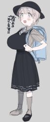  1girl :d backpack bag black_dress black_hat black_shoes blue_bag blush breasts collared_shirt commentary_request dress eurasia_(wtp09ptw14) full_body grey_background grey_eyes grey_hair grey_necktie grey_shirt hat highres holding_strap large_breasts necktie open_mouth oppai_loli original pinafore_dress randoseru shirt shoes short_hair short_necktie simple_background sleeveless sleeveless_dress smile socks solo standing striped_clothes striped_shirt translation_request vertical-striped_clothes vertical-striped_shirt 