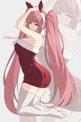  1girl absurdres alternate_costume animal_ear_hairband animal_ears bare_arms bare_shoulders blunt_bangs closed_mouth deer_ears dress fake_animal_ears from_side fur-trimmed_dress fur_trim hairband highres kneeling long_hair looking_at_viewer original pink_eyes red_dress red_hair reia_76 santa_costume santa_dress sidelocks smile solo thighhighs twintails white_thighhighs 