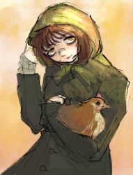  1girl alternate_costume animal arm_behind_head averting_eyes bags_under_eyes bandaid bandaid_on_face bandaid_on_nose bird brown_eyes brown_hair buttons canvas_texture chicken coat commentary crimescenepartz english_commentary faux_traditional_media freckles green_coat head_tilt holding holding_animal holding_bird hood hood_up hooded_coat kasia_(peripeteia) lips painterly peripeteia sketch smile solo standing three_quarter_view unfinished upper_body yellow_background 