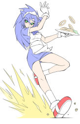  1girl :&lt; animal_ears apron bad_id bad_pixiv_id blue_eyes blue_hair blush costume female_focus fire futaba_channel gender_request genderswap gloves green_eyes hayai matching_hair/eyes nijiura_maids onion_rings panties pantyshot personification plate ruriwo_(ruriwo1894) sega socks solo sonic_(series) sonic_the_hedgehog stopping underwear waitress white_panties 