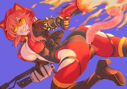  1girl :d animal_ears ass bell black_boots black_gloves bodysuit boots breasts butt_plug cat_ears cat_tail commentary commission covered_erect_nipples dual_wielding english_commentary fake_animal_ears fake_tail fire flamethrower flare_gun gloves goggles gun high_heel_boots high_heels hip_vent holding holding_flamethrower holding_gun holding_weapon jacket large_breasts looking_at_viewer looking_back neck_bell one_eye_closed open_bodysuit open_clothes open_mouth purple_background puyocha pyro_(tf2) red_bodysuit red_hair red_hood red_jacket red_pyro_(tf2) sex_toy shoe_soles simple_background smile solo spikes tail team_fortress_2 thigh_boots unfinished weapon 