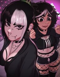  2girls absurdres adidas alternate_costume bedroom black_eyes black_hair breasts cardigan choker cleavage clenched_hands cropped_hoodie dolphin_shorts fishnets freckles from_above hands_up highres hood hoodie jewelry large_breasts lip_piercing looking_at_self looking_down messy_hair mika_(veyonis) multicolored_hair multiple_girls navel necklace open_mouth original piercing selfie shorts smile smug sports_bra standing tan thighhighs thighs two-tone_hair veyonis w_arms yuna_(veyonis) 