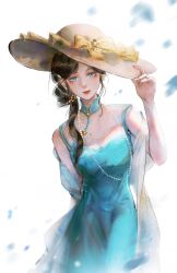  1girl absurdres bare_arms bare_shoulders beads black_hair blue_dress blue_eyes bow breasts brown_hat china_dress chinese_clothes closed_mouth collared_dress cowboy_shot dabajiao dress expressionless eyelashes eyeshadow hair_beads hair_bun hair_ornament hair_over_shoulder hand_on_headwear hat hat_bow high_collar highres infinity_nikki lipstick long_hair looking_at_viewer makeup mandarin_collar medium_breasts misty_poetics_(infinity_nikki) nikki_(series) parted_bangs petals pink_eyeshadow red_lips see-through_clothes see-through_dress shawl simple_background single_side_bun sleeveless sleeveless_dress solo standing sun_hat wavy_hair white_background white_shawl yellow_bow 
