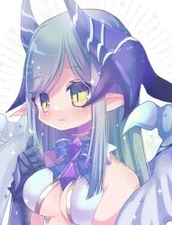  1girl bare_shoulders belphegor_(eco) blue_hair blue_necktie breasts cleavage demon_girl demon_horns demon_wings emil_chronicle_online from_side highres horns jacket large_breasts long_hair neck_ribbon necktie open_clothes open_jacket pointy_ears ribbon satsuki_atan wings yellow_eyes 