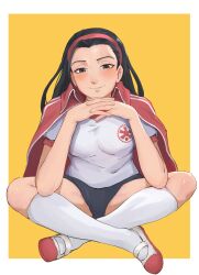  1girl absurdres black_buruma breasts buruma commentary_request commission full_body gym_uniform hairband highres iinchou_(justice_gakuen) indian_style interlocked_fingers jacket jacket_on_shoulders justice_gakuen kneehighs medium_breasts mishislover red_hairband shirt sitting smile socks solo spanish_commentary t-shirt white_shirt white_socks widow&#039;s_peak 