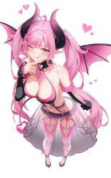  1girl :3 absurdres ahoge bare_shoulders black_shoes black_skirt black_sleeves blush bow breasts character_request closed_mouth clothing_cutout collarbone commentary commission demon_girl demon_horns demon_tail demon_wings detached_sleeves hair_bow hair_ornament heart heart_ahoge heart_cutout heart_hair_ornament highres horns large_breasts long_hair looking_at_viewer navel one_eye_closed panties pink_bow pink_eyes pink_hair pink_panties pink_thighhighs pink_wings pixiv_commission pointy_ears shoes simple_background skirt smile solo stomach tail thighhighs thighs tongue tongue_out twintails underwear white_background wings yj_(yojo_san) 