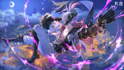  1boy absurdres black_boots black_shirt blue_hair boots brant_(wuthering_waves) flaming_eye gun hand_on_own_hat hat hat_feather highres holding holding_gun holding_weapon knee_boots looking_at_viewer male_focus missing_commentary night night_sky official_art open_clothes open_shirt outdoors pants parted_lips purple_eyes shirt short_hair sky smile solo tacet_mark_(wuthering_waves) tricorne weapon white_pants wuthering_waves 