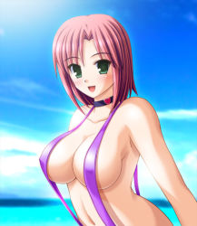  1girl :d armpits blush breasts choker cleavage cloud day female_focus green_eyes large_breasts looking_at_viewer nak_yama nipples open_mouth red_hair rio_rollins short_hair sky slingshot_swimsuit smile solo super_blackjack swimsuit  rating:Questionable score:16 user:patachon