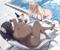  2girls absurdres alcohol alternate_breast_size alternate_costume ass asuna_(blue_archive) bare_shoulders bikini black_hair blonde_hair blue_archive blue_bikini blue_eyes blue_ribbon blush breast_rest breasts champagne cleavage cup dark-skinned_female dark_skin drink drinking_glass gigantic_breasts hair_over_one_eye highres hth5k huge_ass ice_bucket karin_(blue_archive) licking licking_foot long_hair micro_bikini multiple_girls no_halo partially_submerged ponytail pool poolside ribbon scrunchie sensei_(blue_archive) sideboob sitting smile string_bikini swimsuit thighs thong thong_bikini very_long_hair water white_bikini white_scrunchie yellow_eyes 