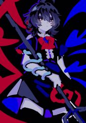  1girl absurdres ahoge asymmetrical_wings black_background black_dress black_hair black_thighhighs blue_wings blush bow bowtie center_frills dress frills highres houjuu_nue looking_at_viewer looking_down polearm red_bow red_bowtie red_eyes red_wings sakeo_(uouofishtown) short_hair short_sleeves simple_background snake solo stage_connection thighhighs touhou trident weapon wings 