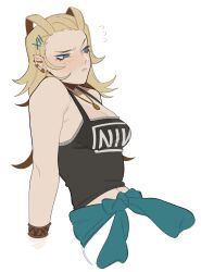  1girl absurdres alternate_costume antenna_hair aqua_jacket band_shirt black_shirt blonde_hair blue_eyes casual closed_mouth clothes_around_waist ear_piercing earrings hair_ornament hair_slicked_back hairclip hand_on_ground highres jacket jacket_around_waist jewelry kingdom_hearts larxene leaning_back medium_hair merchandise necklace nine_inch_nails piercing porqueloin shirt simple_background solo stud_earrings tank_top upper_body white_background 