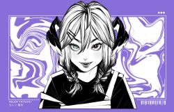  1girl artist_name blue_eyes braid fangs hair_between_eyes hair_ornament hairclip head_wings heterochromia highres looking_at_viewer medium_hair monochrome nijisanji nijisanji_en open_mouth portrait purple_background purple_eyes purple_theme selen_tatsuki shirt smile solo spot_color straight-on strap_slip sweater twin_braids v-shaped_eyebrows virtual_youtuber wings zyllypepper 