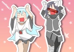  1boy 1girl ^_^ asupirin bad_id bad_pixiv_id bandages bandaid banshiryuu blue_hair bodysuit brother_and_sister caramelldansen closed_eyes continue dress english_text gradient_background lagunas long_hair outline seihou short_hair siblings simple_background star_(symbol) text_focus very_long_hair visor wide_sleeves yuitia 
