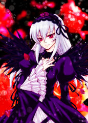  1girl black_ribbon black_wings closed_mouth commentary cowboy_shot crodire dated_commentary detached_collar dress feathered_wings frilled_dress frilled_hairband frills gothic_lolita grey_hair hair_ribbon hairband juliet_sleeves lolita_fashion lolita_hairband long_hair long_sleeves looking_at_viewer puffy_sleeves purple_dress purple_hairband red_background red_eyes ribbon rozen_maiden smile solo suigintou wings 