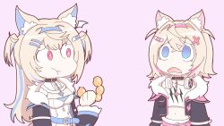  2girls :t animal_collar animal_ear_fluff animal_ears bandaid bandaid_hair_ornament belt black_collar black_jacket blonde_hair blue_belt blue_brooch blue_eyes blue_hair blue_hairband breasts bright_pupils cheek_bulge chibi chibi_only collar cropped_jacket cropped_shirt crossed_bangs dog_ears dog_girl donut dot_nose dress eating fangs food full_mouth fur-trimmed_jacket fur_trim furrowed_brow fuwawa_abyssgard fuwawa_abyssgard_(1st_costume) hair_between_eyes hair_intakes hair_ornament hairband hairclip hashtag-only_commentary headphones headphones_around_neck highres holding holding_food hololive hololive_english jacket large_breasts long_hair long_sleeves looking_at_another midriff mococo_abyssgard mococo_abyssgard_(1st_costume) multicolored_hair multiple_girls navel no_pupils open_clothes open_jacket open_mouth orangejuice13 parody pink_belt pink_brooch pink_eyes pink_hair pink_hairband pon_de_ring purple_background shirt short_hair siblings simple_background sisters skin_fangs streaked_hair style_parody twins two_side_up uchuu_patrol_luluco upper_body virtual_youtuber white_dress white_pupils white_shirt x_hair_ornament 