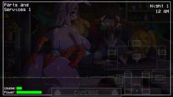  1girl animal_ears animatronic ass back blonde_hair bonnie_(fnaf) bow bowtie breasts camera cleavage clock colored_skin commentary cosmetics denim denim_shorts elbow_gloves english_commentary english_text five_nights_at_freddy&#039;s five_nights_in_anime:_after_hours_(fangame) five_nights_in_anime_(fangame) food freddy_fazbear from_behind furry furry_female game_screenshot gameplay_mechanics genderswap genderswap_(mtf) gloves glowing glowing_eyes hands_on_own_ass highres huge_ass huge_breasts jeans large_breasts leotard looking_back makeup_brush mask mirror mouth_mask non-web_source pants pizza pizza_slice playboy_bunny purple_hair rabbit_ears rabbit_tail red_bow red_bowtie red_eyes red_gloves red_leotard red_thong screencap shiny_skin short_hair shorts solo static strapless strapless_leotard tail thighhighs thong video_game yellow_skin 