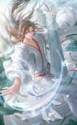  1boy artist_request blue_ribbon blue_sky brown_hair chinese_clothes cloud-water_visitor_(shining_nikki) day expressionless feet_out_of_frame floating_clothes floating_hair game_cg grass grey_eyes guqin hair_between_eyes hair_bun hair_ribbon hanfu highres instrument leaf light_particles long_hair long_sleeves looking_at_viewer male_focus marking_on_cheek mountain music nikki_(series) no_headwear official_art outdoors parted_bangs parted_lips playing_instrument qin_yi red_ribbon ribbon robe shining_nikki single_hair_bun sky solo standing teeth very_long_hair waist_ribbon white_hanfu white_robe wide_sleeves wind 